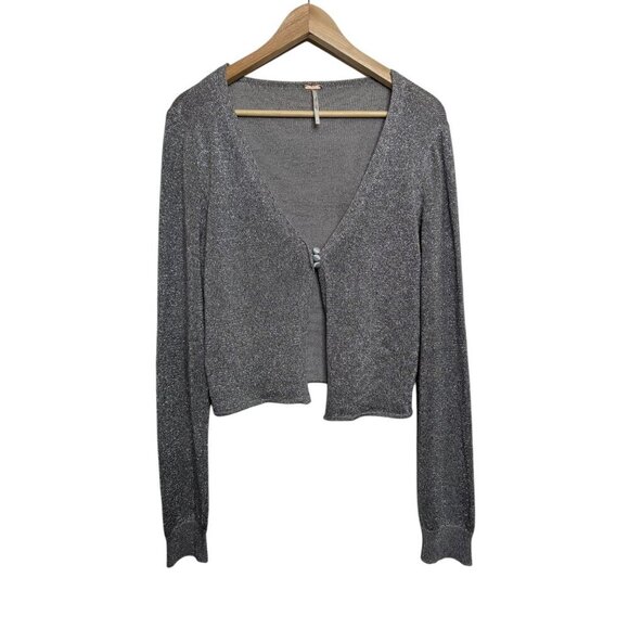Free People Sweaters - Free People Silver Metallic Cardigan Size L – Cropped Button Front Shimmer Knit
